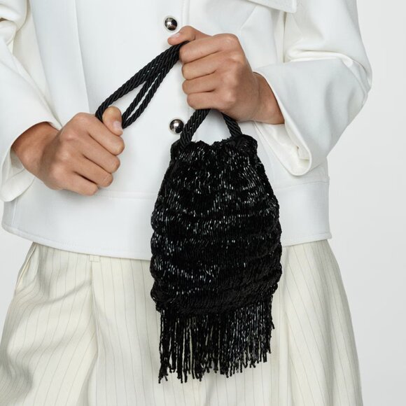 Mango Black Fringe Beads Bag/NWT - Picture 1 of 11